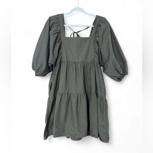 A New Day Olive Green Tiered Mini Dress – Square Neck Puff Sleeve - Medium
